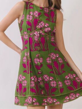 🩷 LOVE!!!  A-Line Button Floral Linen Mini Dresses in Olive Tuckernuck Sz S L